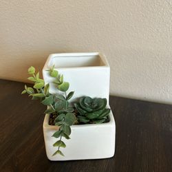 White Ceramic Pencil Cup With Faux Plants