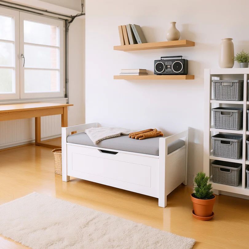 Homy Casa · Brigton 35″ Wooden Storage Chest · White Cushion Bench