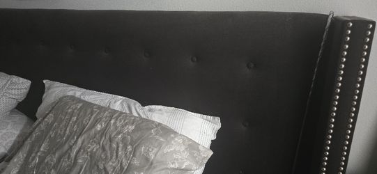 King Tufted Black Linen Headboard and Metal Bed frame