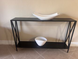 Black Metal Console Table — X-Brace Sides, 2-Tier Shelf
