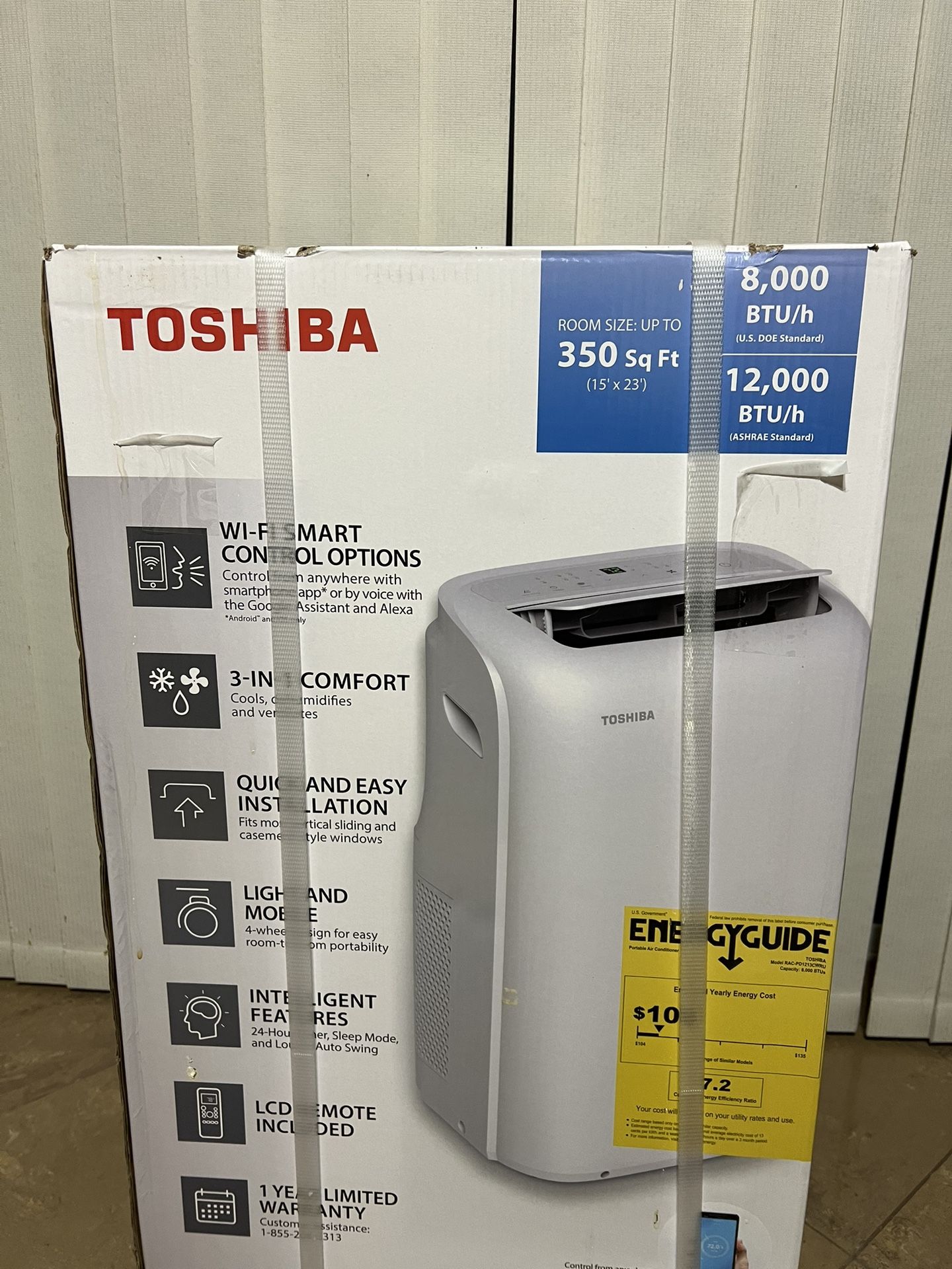 Toshiba 8,000 BTU (12,000 BTU DOE) 115-Volt , Wi-Fi Portable Air Conditioner To 350 SF.
