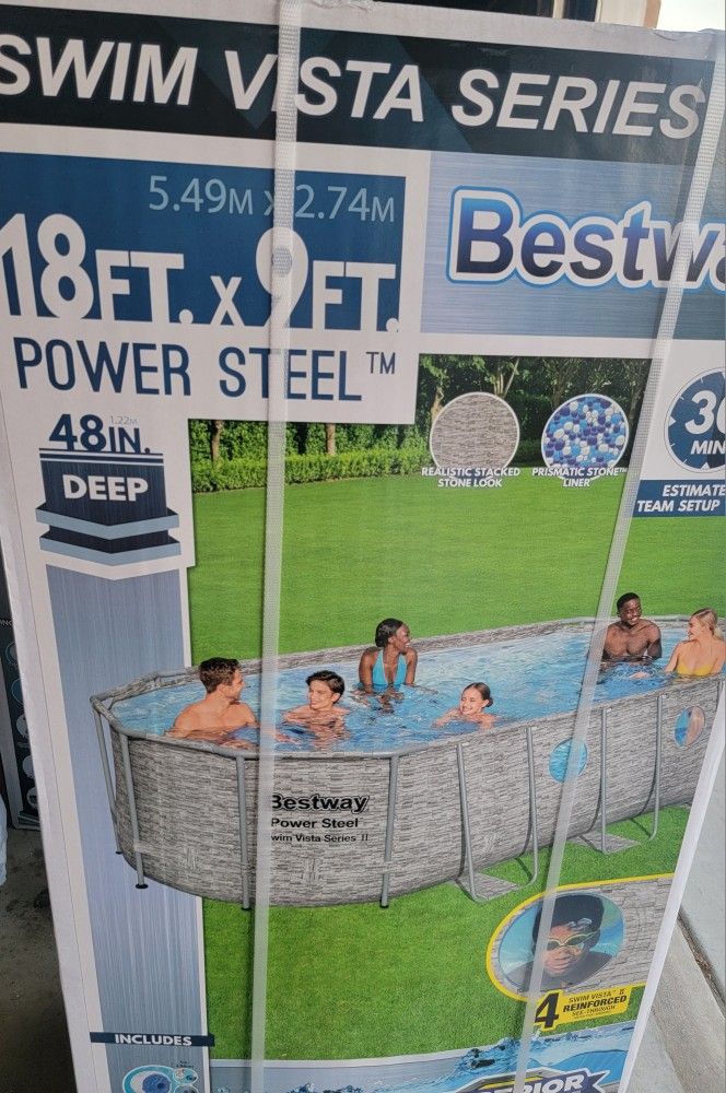 Brand New 18x9x48 Swimming Pool With filter pump, filter cartridge, pool cover, ladder, ChemConnect chlorine tablet dispenser
