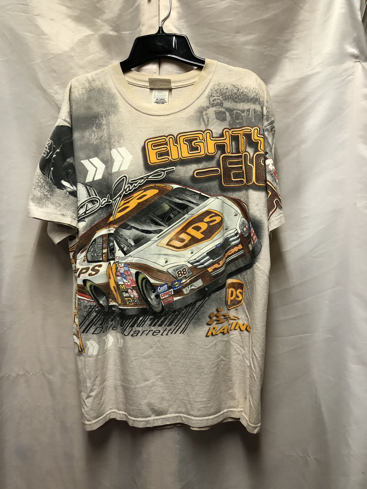 Vintage NASCAR #88 Dale Jarrett UPS Tracking A Victory AOP Double Sided Graphic Chase Tag Tee
