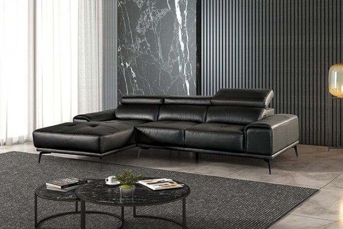 Black Modern Leather Sectional with Adjustable Headrests
