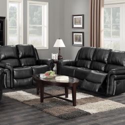 💥HUGE Blowout Furniture Sale!💥 Brand New Faux Leather Black Reclining Sofa Loveseat Set W/ Nailhead Trim! $50 Down Takes It Home Today!