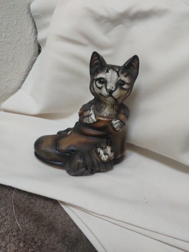 Striped Cat In Boot W/Sleeping Kitten Figurine
