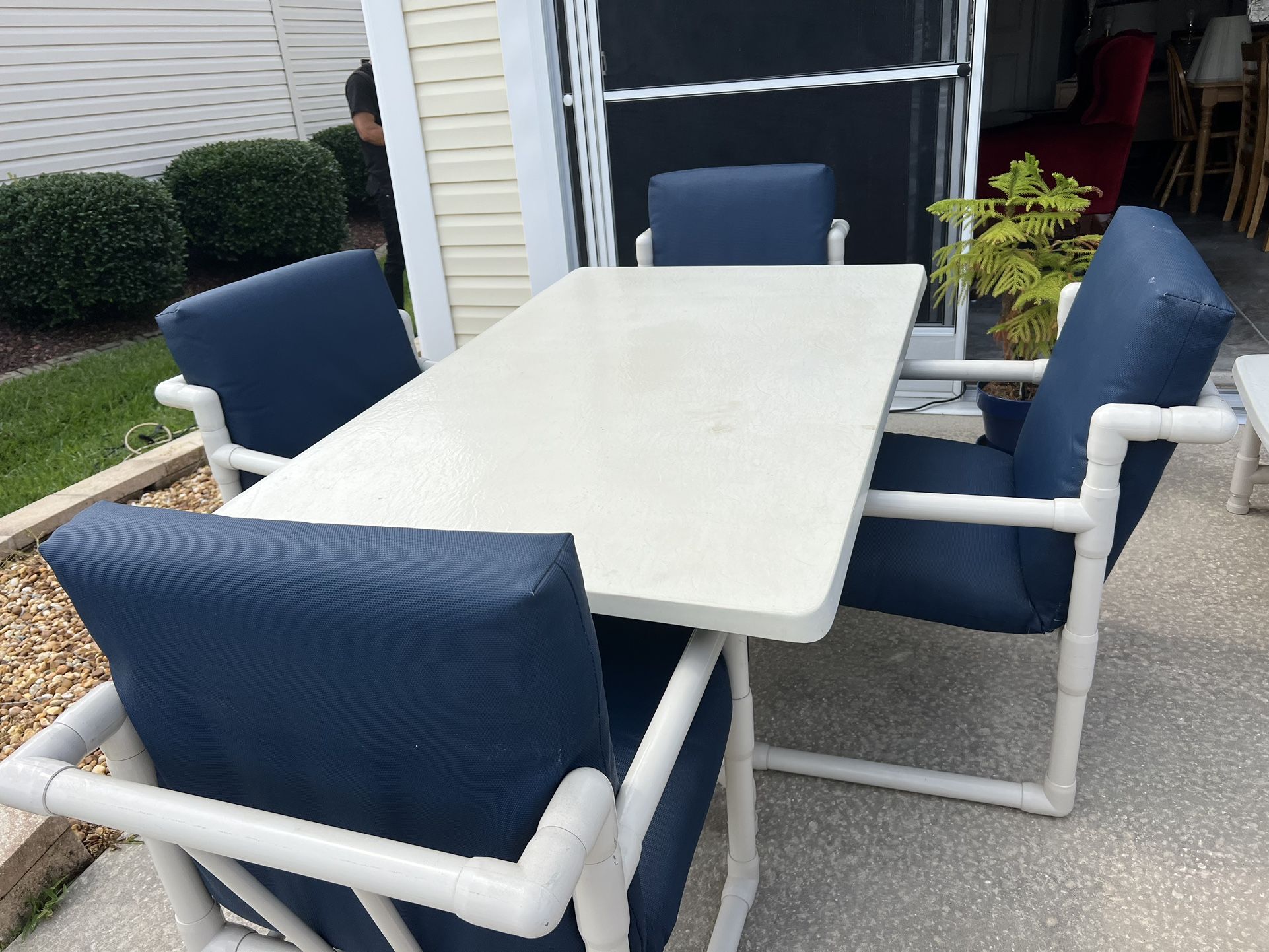 Patio Set With 4 PVC Chairs With Navy Cushions