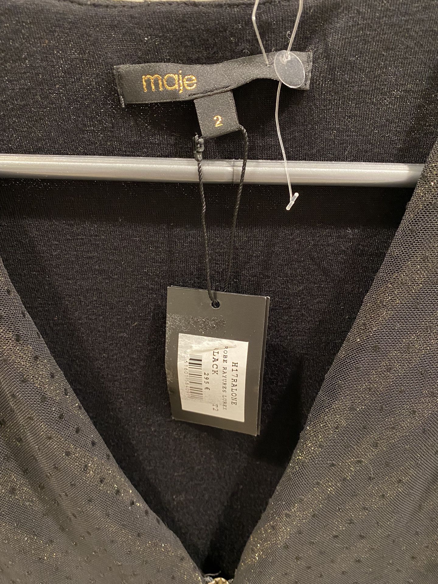 Maje Ralone Black Puff Sleeve Metallic Gold Thread Mini Dress Size