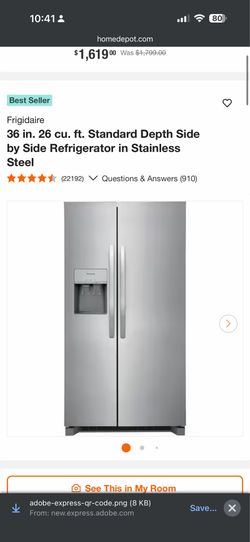 Frigidaire 26 Cu. Ft. Side-by-Side Refrigerator - Stainless Steel - Excellent Condition