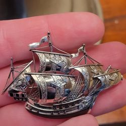 SOLID 18K White Gold Antique Ship Brooch, Genuine Diamonds 