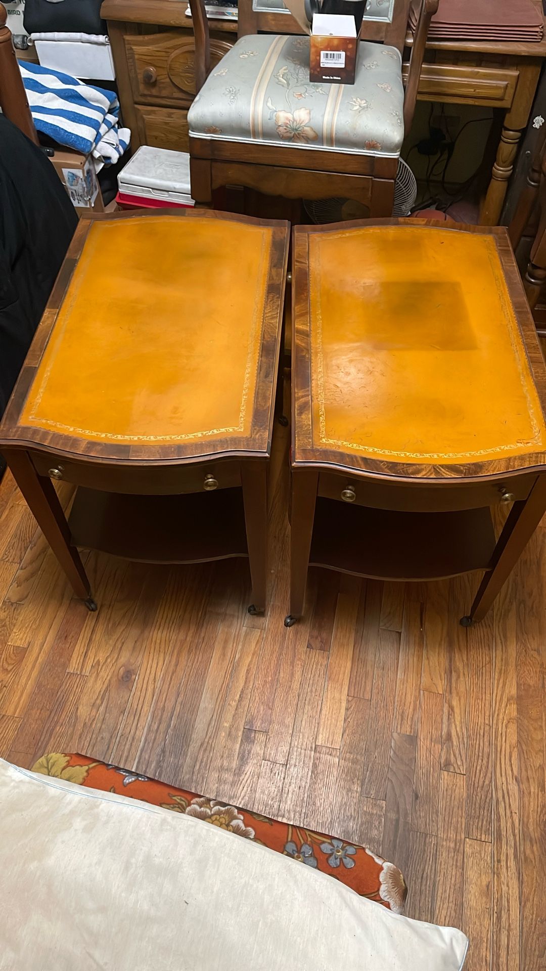 Vintage Leather Top 1940s Mersman Mahogany Side Tables