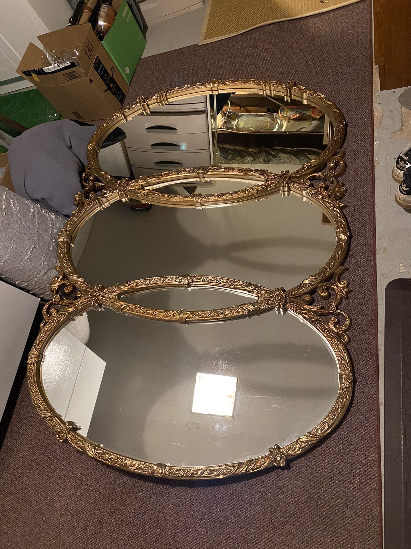 American Mirror Co. Hollywood Regency Triple Oval Gold Sofa Mirror