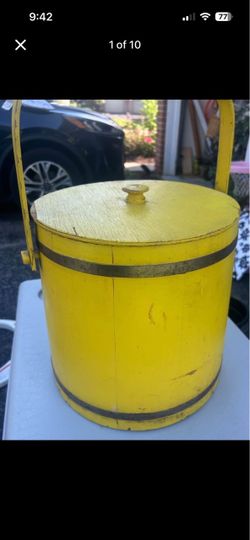 Vintage Yellow Painted Wood Bucket with Lid