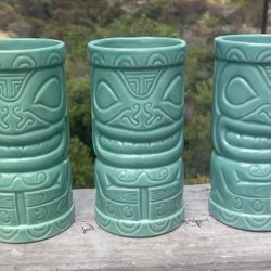 Set Of 3 Vtg Malibu Rum Ceramic Tiki Mugs Teal Hawaiian Barware Cocktails
