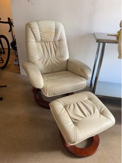 Cream Leather Recliner + Ottoman