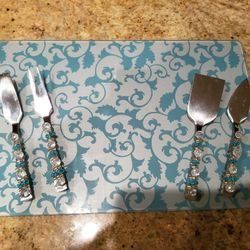 Small Glass Cheese Platter With Beaded Cutlrey, Serving Plate