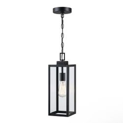 1-Light 16” H Matte Black Outdoor Outside Hanging Lantern Pendant, Clear Glass