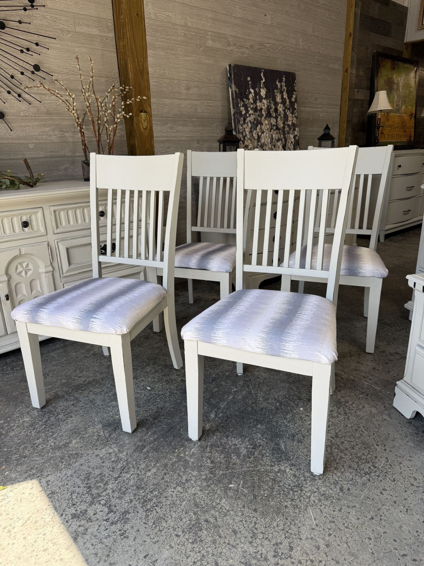 Set of four classic farmhouse kitchen dining chairs- white distressed all for