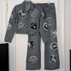 LeMore Vintage Outfit Denim Jacket and Denim Jeans NFL 90s patch covered outfit
