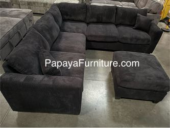 New! Corduroy Black Sectional And Ottoman, Sectional Sofa, Black Couch, Black Sofa, Sectional And Ottoman, Plush Sectional Couch, L-Shaped Sofa Couch