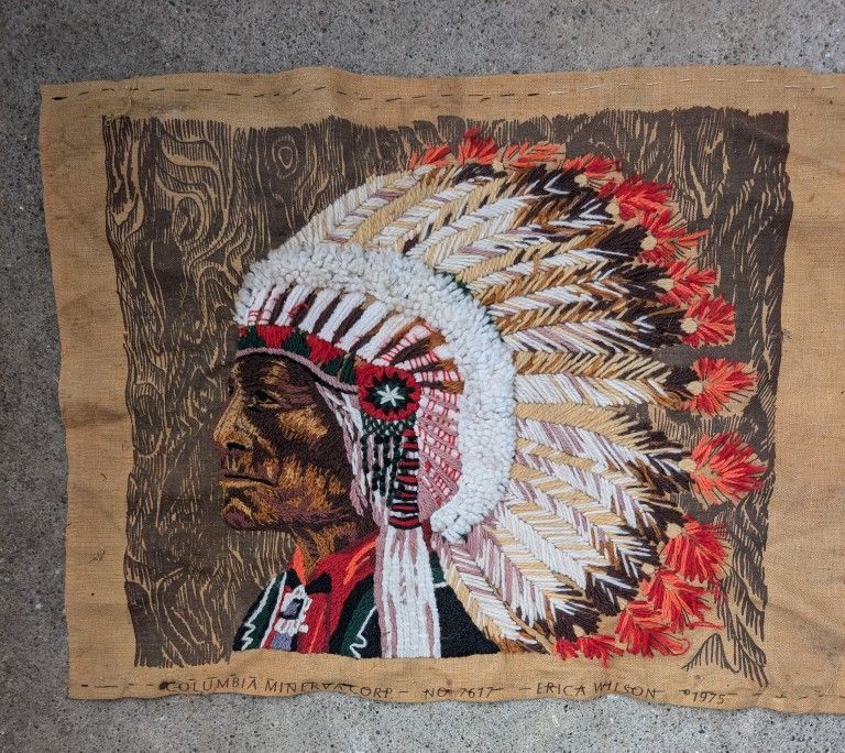 Indian Chief Needlepoint Wall Hanging Picture. Approx 22" W x 18" L. Can Be Framed. Small Hole From Tack, 7" Down On Right, Where The Two Colors Meet.