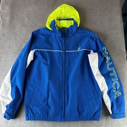 Nautica Hooded Windbreaker Jacket Blue Neon Green Logo Sleeve Kids M