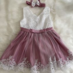 Baby Girl And Toddler Birthday Wedding Christening Baptism Dress NEW 18 Months White And Pink