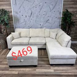 Corduroy 3 Piece Sectional Sofa With Ottoman 