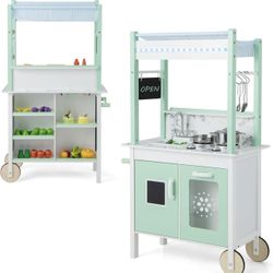 Double-Sided Play Kitchen & Grocery Store, 2-in-1 Wooden Kids Kitchen Playset 