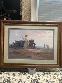 Bruce Greene Art Print Lady by Model T Ford Car - Western Cowboy Themed