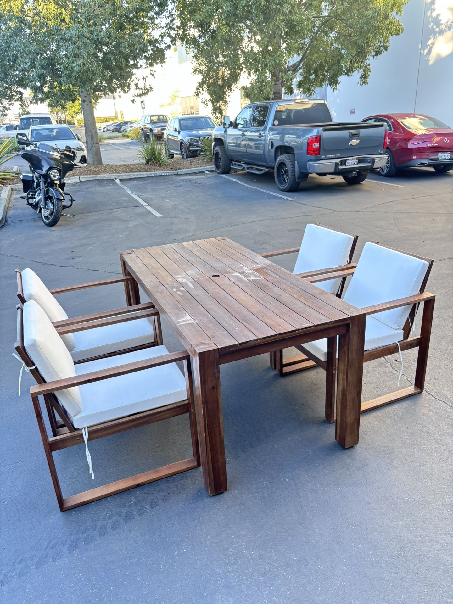 4 Chairs + 69”x33” Outdoor Patio Wooden Dining Table w/Umbrella Hole (need Minor Work)