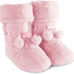 PajamaGram Women's Pink Pom-Poms & Satin Ribbon Cozy Fleece Bootie Slippers 5/6