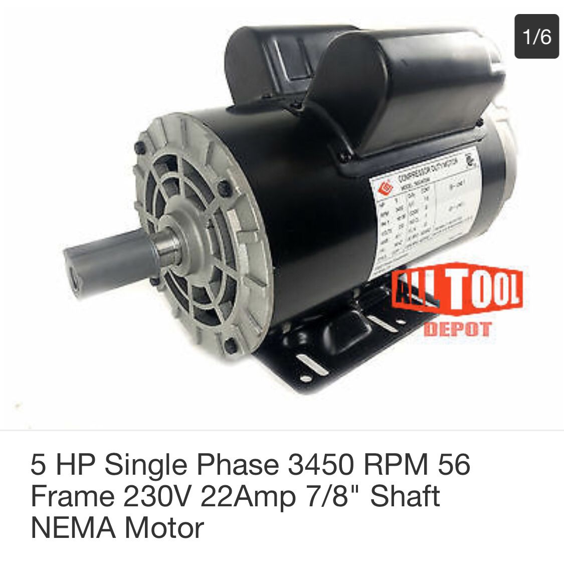 5 HP Single Phase 3450 RPM Frame 230v 22Amp 7/8”Shaft NEMA Motor - brand new in the box