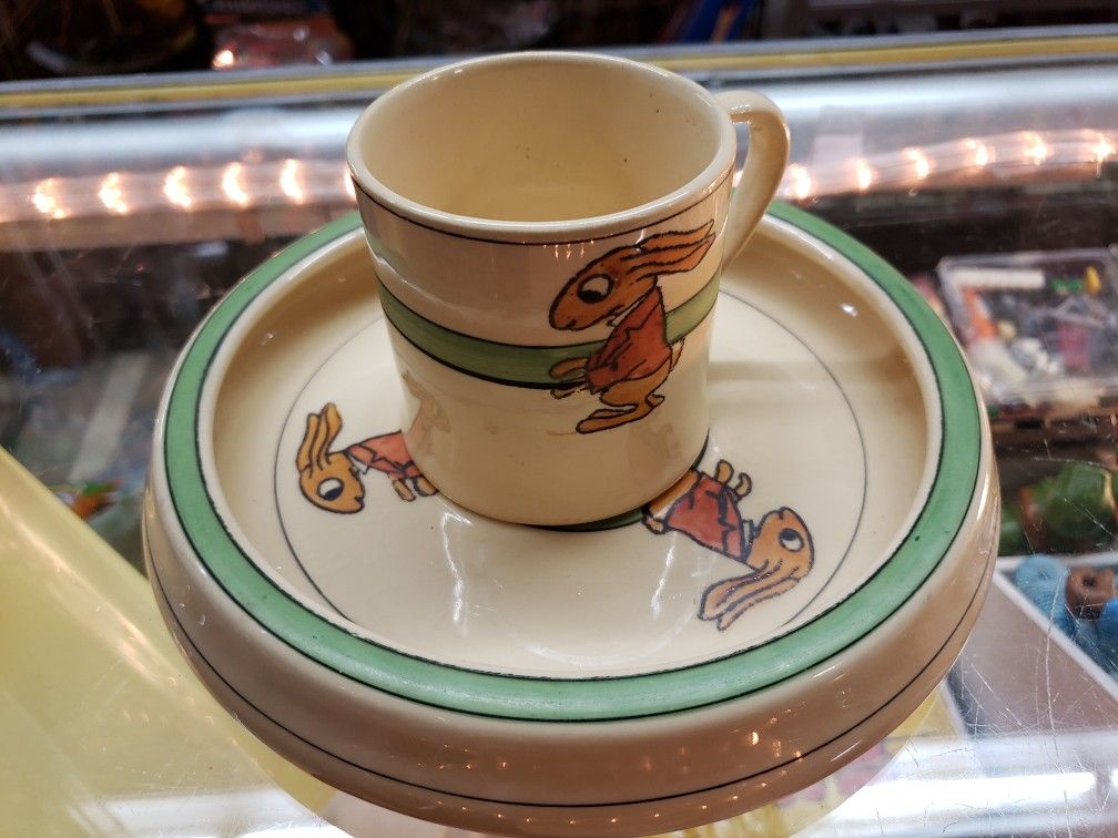 Roseville Ceramic Art, Pottery Juvenile Standing Rabbit Plate & Cup 2 pcs  1910