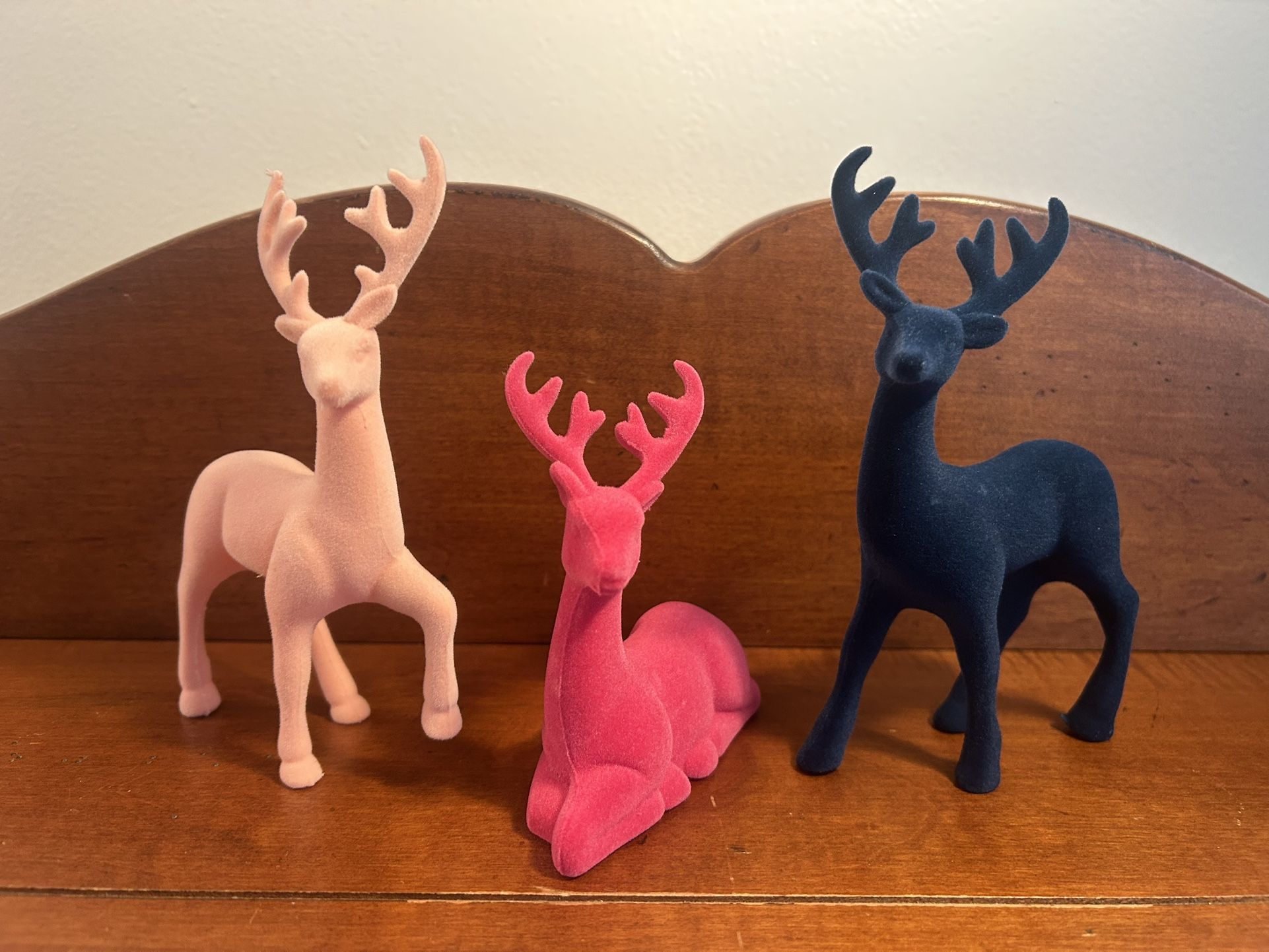 Set of 3 Small Felt Pink & Blue Deer Decorations - about 4” long x 4-5.5” tall  