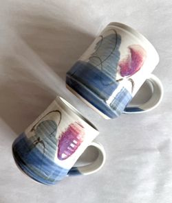 Two Vintage 12-oz Jerry Pollari Handmade Abstract Signed Pottery Mugs
