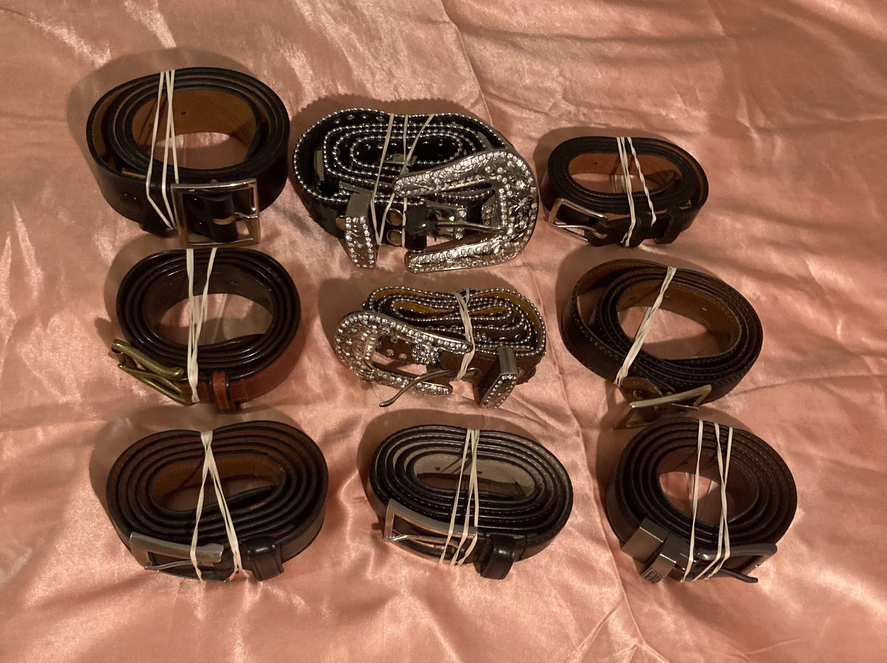 Vintage Lot of 9 Assorted Leather Belts, Nice Good Leather Designs, Rhinestones, Dress, More, Country & Western, Western Wear, Resell, Assorted Sizes,