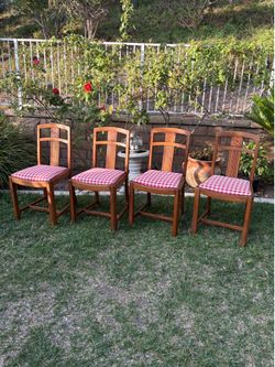 Set of 4 Carved Wood Dining Chairs with Red Gingham Seats