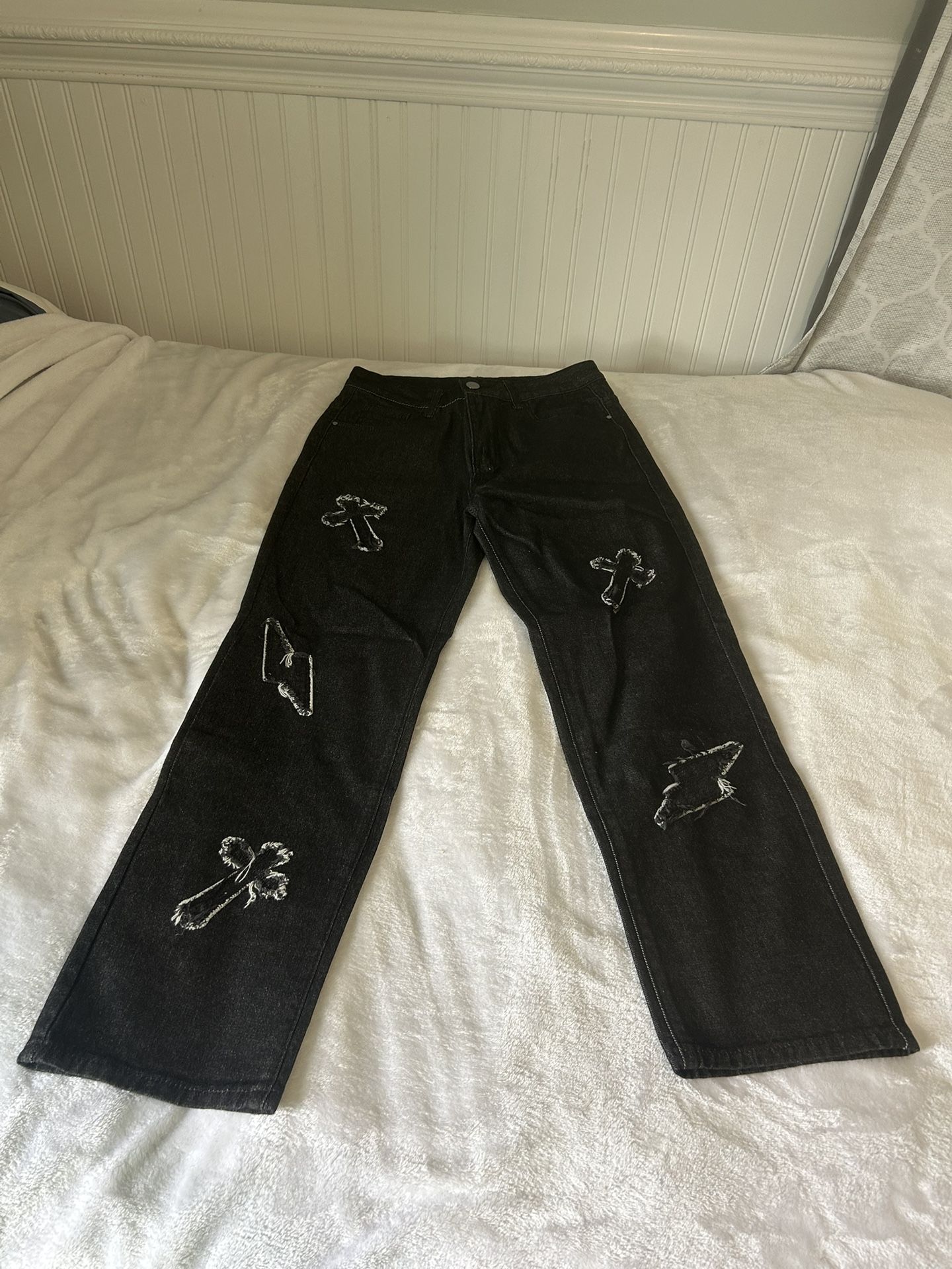 Black And White Cross And Thunder Jeans