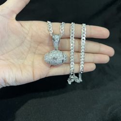 .925 Sterling Silver Mens CZ Sports NFL Football Pendant & Curb Chain