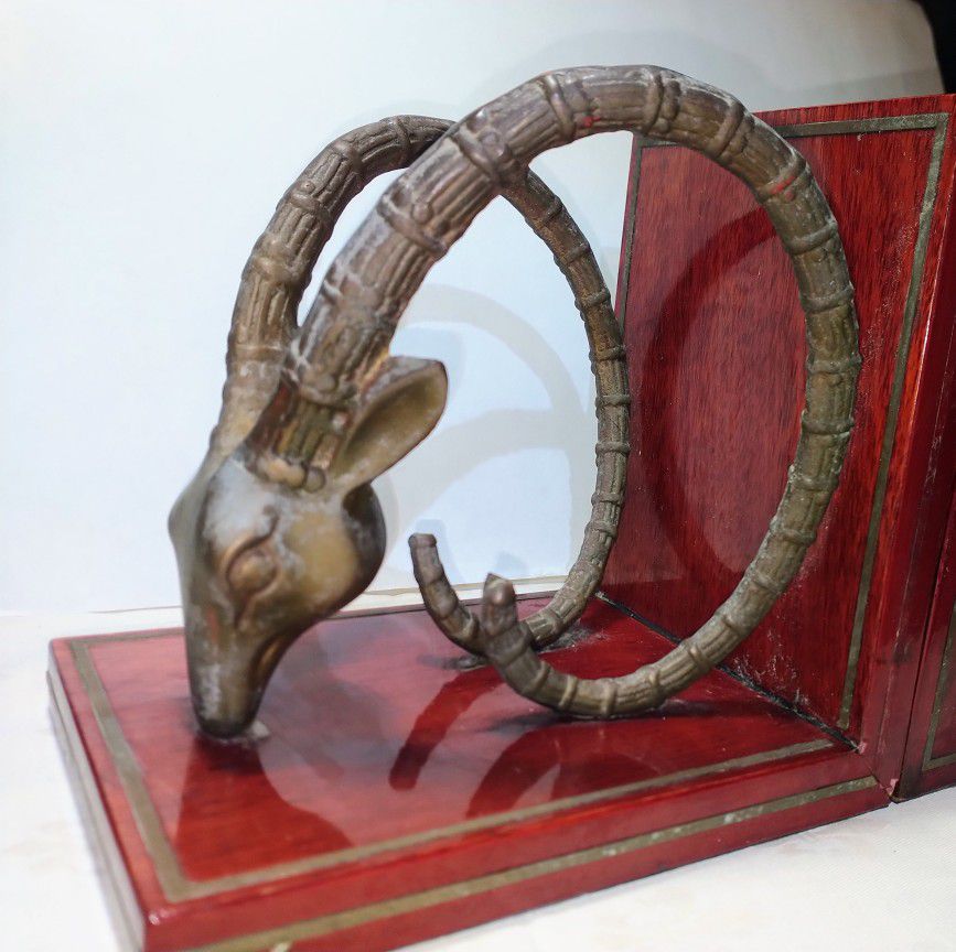 Vintage Solid Brass and Wood Ibex Bookends