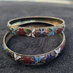 Vintage Cloisonné Enamel Floral Bangle Bracelet Set – Handmade Asian Jewelry – Multicolor
