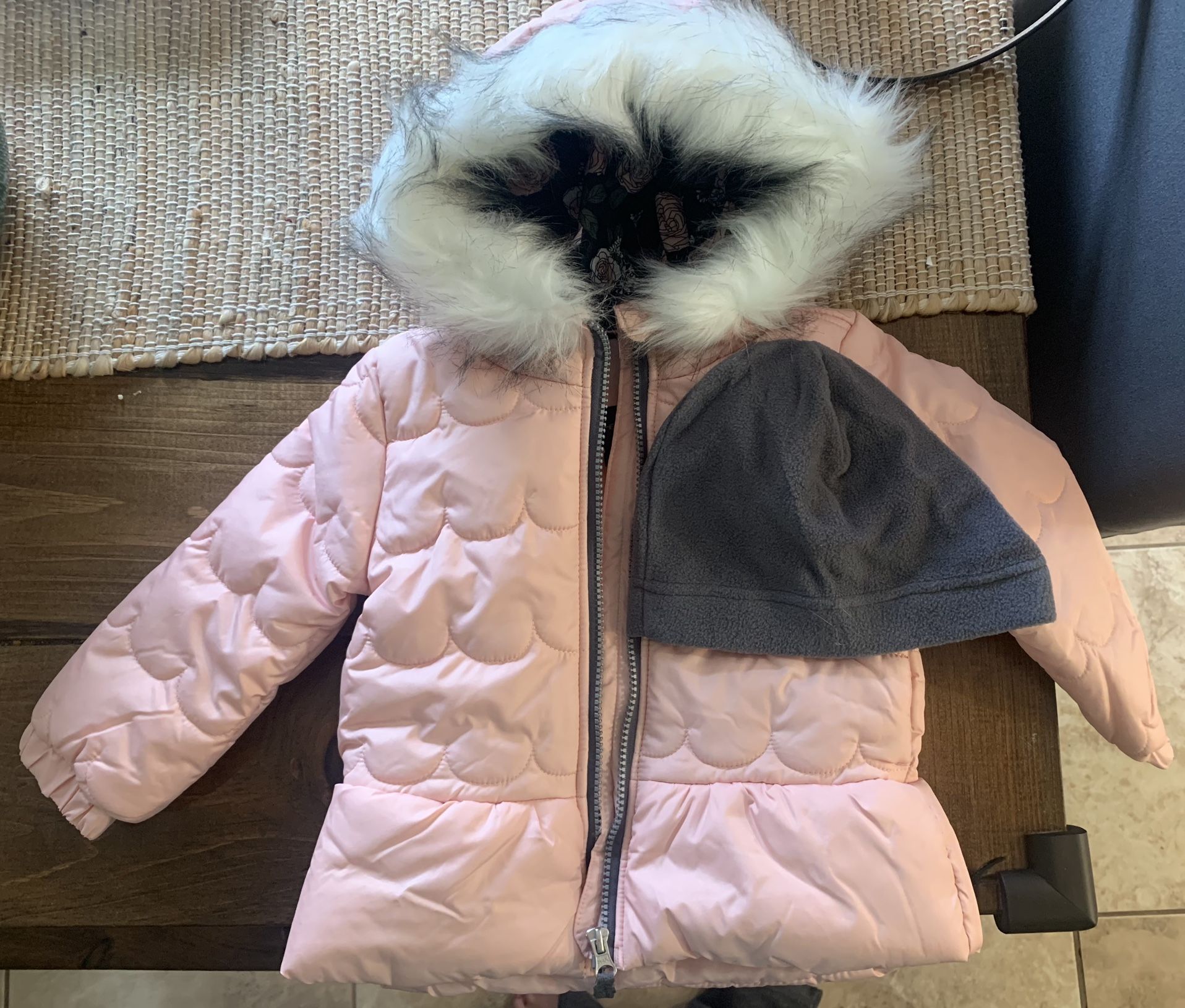 Toddler Girls Solid with Faux Fur Trim Jacket and Fleece Beanie Set