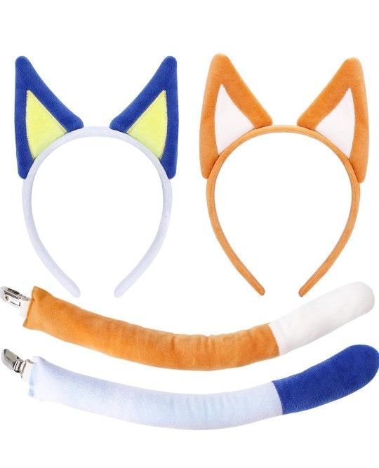 Bluey 4 Pcs Dog Ears and Tail Set for Adult,Plush Dog Ears Headband Halloween Costume Accessories Party Animal Cosplay Blue,Orange