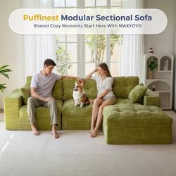 L Shaped Sectional Sofa with Ottoman, Cloud Boneless Couch with Layered Cushion, Upholstered Modular Sofa with Tufting, Flexible Module Combination fo