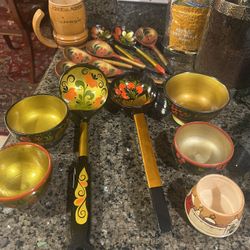 Vintage Hand Painted Russian Khokhloma Wooden Spoons Folk Art Spoons And Bowls Cups Ask For The Price