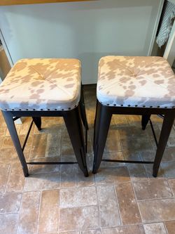 Set of 2 Metal Bar Stools with Cowhide Print Cushions