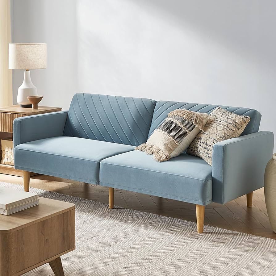 mopio 76.8" Futon Sofa Bed, Small Couch, Sleeper, Loveseat, Mid Century Modern Futon Couch, Sofa Cama, Couches for Living Room (Sky Blue Premium Velve
