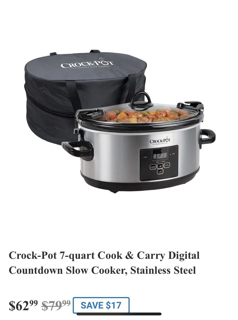 Crock-pot 7-quart cook and carry digital countdown slow cooker, stainless steel