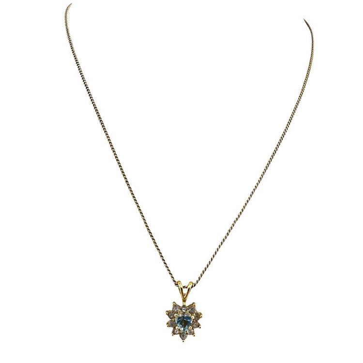 18” Gold Tone Light Blue Glass Faux Topaz Heart Crystal Halo Pendant Necklace